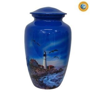 Urna Funeraria de Metal Pintada a Mano, Estilo Americano con Diseño de Faro, Ecológica, para Cenizas Humanas, Artículos Funerarios, Recuerdo Conmemorativo - Product Image 1