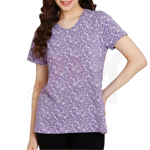 Camiseta de Manga Corta con Cuello en V y Estampado de Patrones en Blanco y Morado para Mujer, Ajuste Holgado, Tejido Transpirable, Informal, para Primavera y Verano - Product Image 1