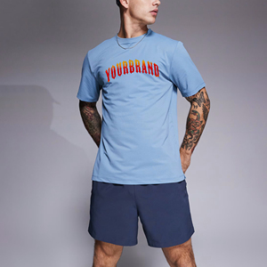 Ensemble T-shirt et short pour homme, coupe ajustée, 100% coton, tissu mesh imprimé, contraste, bleu ciel uni, séchage rapide, respirant - Product Image 1