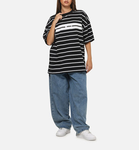 T-shirt rayé noir surdimensionné pour femmes, fabriqué au Pakistan, matière de qualité supérieure, coupe décontractée, coton doux, vêtements décontractés - Product Image 1