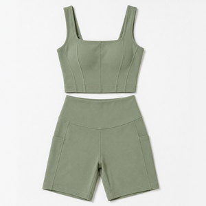 Women Casual Square Neck Yoga Set <b>High</b> Waist Pocket Biker Shorts Fitness Gym Workout Activewear Set Polyester/Cotton Summer - Product Image 1