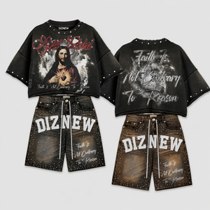 Mens Oversized Cropped T Shirt Denim Shorts Two Piece Set <b>Rhinestone</b> Stud Graphic Print Acid Wash Streetwear OEM ODM - Product Image 3