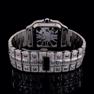 SHG Luxury Iced Skeleton Square Stainless Steel Mens Quartz Wristwatch Full Moissanite Baguette Bracelet Wedding Limited Edition - Product Image 2