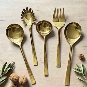 Gold Plated Serving Spoon Set <b>Mirror</b> Finish Long Handle Glam Design Party Tableware - Product Image 6