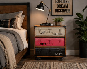 Industrial Wooden Nightstand with 3 Vintage <b>Suitcase</b> Drawers in Beige Pink Black <b>Storage</b> Cabinet for Bedroom Furniture - Product Image 2