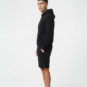 <b>Men's</b> Black Cotton <b>Hoodie</b> <b>And</b> <b>Shorts</b> <b>Set</b> Casual Summer Wear Full Sleeve Drawstring Solid Color Tracksuit Regular Fit Suit - Product Image 3