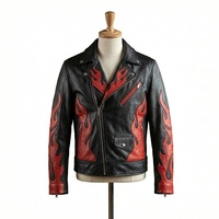 Jaket Kulit Hitam Pria untuk Sepeda Motor, Motif Api Merah, Penutup Ritsleting, Gaya Biker, Kerah Lipat, Slim Fit, Pakaian Musim Gugur