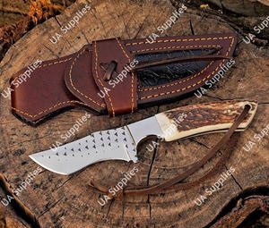 Cuchillo de caza y camping de hoja fija de 7 pulgadas de alta calidad, hecho a mano, con punta de clip y mango de cuerno de ciervo, para exteriores. - Product Image 5