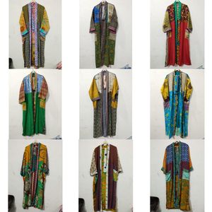 Robe Kimono Maxi Vintage en Soie Recyclée pour Femme, Élégante, Patchwork, Col en V, Cordon de Serrage, Respirante, Séchage Rapide, Idéale pour l'Été - Product Image 1