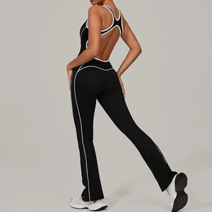Body de una pieza azul para mujer con tirantes finos, rayas laterales, largo completo, elástico, ropa deportiva sin costuras de punto de spandex y nailon - Product Image 4