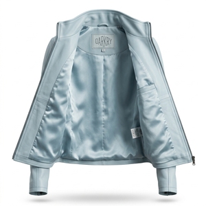 Ice Blue Dark Teal Contrast Genuine Leather <b>Women</b> High Stand Collar Zip Front Biker Racer Outerwear <b>Coat</b> - Product Image 2
