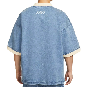 T-shirt de basketball en jean oversize pour homme, style vintage années 90, col montant, manches courtes, épais, délavé, respirant, séchage rapide, streetwear, OEM - Product Image 5