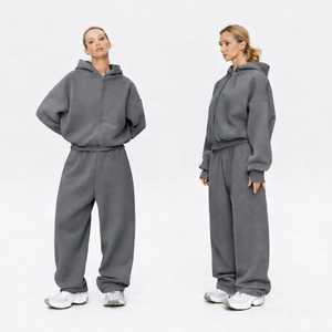 Conjunto Deportivo Personalizado para Mujer, Sudadera con Cierre Frontal y Pantalones Anchos de Pierna Ancha, Estilo Informal para Invierno, Color Gris, Fabricante de Conjuntos Deportivos - Product Image 6