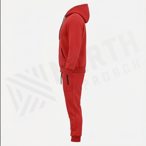 Ensemble de survêtement rouge à capuche pour homme, sweat-shirt et pantalon décontractés à fermeture éclair, couleur unie, respirant, en coton, pour l'automne - Product Image 3