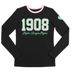 Camiseta Negra de Manga Larga AKA 1908 para Mujer, Bordado Chenille, Ropa de Hermandad Griega, Algodón Premium, Corte Elegante - Product Image 1