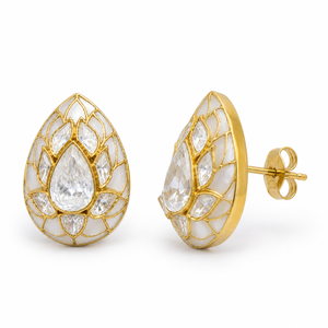 Boucles d'oreilles de luxe artisanales plaquées or avec diamants Polki, motif lotus indien traditionnel, clous d'oreilles imposants pour mariées, vente en gros - Product Image 2