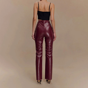 Pantalon en cuir PU bordeaux taille haute coupe droite pour homme, pantalon formel avec fermeture éclair, design anti-plis - Product Image 2