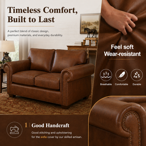 Genuine Leather Two Seat <b>Sofa</b> Bed Rolled Arms Nailhead Trim for Office Hotel Villa Park Cozy traditional living room setup - Product Image 5