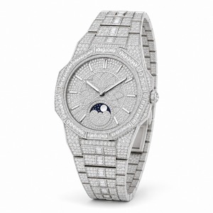 Luxury unisex Octagon Diamond Watch Stainless Steel Case Analog Quartz Movement <b>Moon</b> Phase Display 44mm Deployment Clasp - Product Image 1