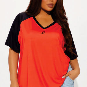 OEM Custom Women Red Black Contrast Raglan Sleeve Sports American Football Jersey Polyester V Neck <b>Athletic</b> Top Casual Teamwear - Product Image 4