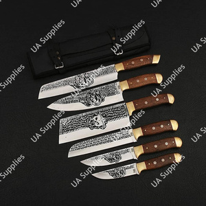 Ensemble de 6 couteaux de chef de cuisine en acier inoxydable gravé à la main avec manche en bois et laiton, personnalisable OEM, cadeau idéal - Product Image 4