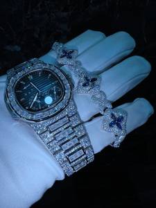 Montre mécanique bleu glace avec lunette entièrement sertie de diamants, bracelet en cristal, montre de luxe pour homme, cadeau - Product Image 2