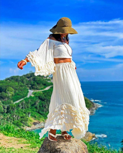 Women's Solid Off-Shoulder Ruffled Two-Piece Skater Dress Set Cotton Blend Sleeveless Short Top Full-Length <b>Skirt</b> Summer Beach - Product Image 2
