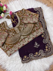 Sari en satin de soie Fendy Premium Reglance pour femme, broderie de sequins traditionnelle pour mariage, bordure lourde, entièrement orné de motifs Butta - Product Image 1