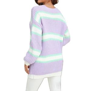 Cardigan en polyester/coton pour femme, nouveau design haut de gamme automne-hiver, à rayures, manches lanternes, col en V, avec appliques sur le devant - Product Image 3