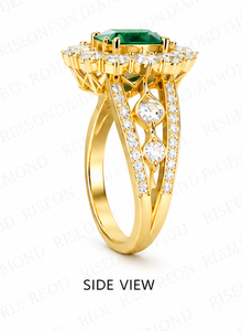 Magnificent <b>statement</b> <b>ring</b> in 18K yellow gold with emerald cut green center stone halo of round diamonds and intricate shank det - Product Image 2