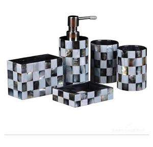 Classic Black & White Bone Inlay Vanity <b>Set</b> Four Piece Square Checkerboard Design Easy To Clean <b>Soap</b> Dish <b>Dispenser</b> Cups <b>Set</b> - Product Image 1