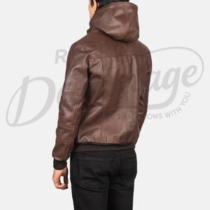 Veste en cuir marron foncé à capuche pour homme, style bomber décontracté, fermeture éclair, coupe ajustée, en cuir d'agneau véritable. - Product Image 2