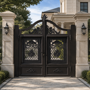 Puerta Doble de Metal Negro Ornamentada para Villa con Paneles de Rejilla y Volteos Decorativos para Entrada de Casa de Lujo, Diseño de Seguridad - Product Image 3