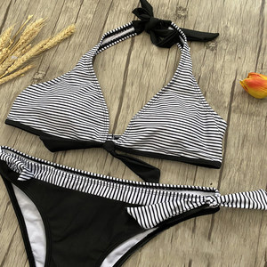 Conjunto de bikini halter a rayas para mujer, pantalones de cintura alta, traje de baño elástico de poliéster y spandex - Product Image 4