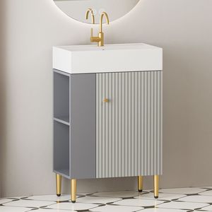 21.6\" Open Shelf Bathroom Vanity Soft Closing Door Ceramic Sink Cloakroom Storage Cabinet Left <b>Side</b>-Modern Open Vanities - Product Image 1