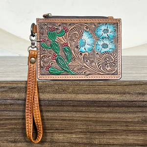 Cartera de Cuero Genuino Hecha a Mano con Diseño Floral y de Cactus, Estilo Occidental, Unisex, Delgada, con Monedero, en Oferta - Product Image 2
