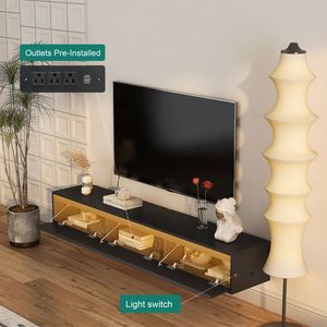 <b>Wall</b> Mounted TV Stand for Black TVs <b>Floating</b> LED Light Shelf with Power Outlet for Living Room Cabinets - Product Image 6