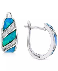 Orecchini a cerchio Huggie blu Opal e Cubic Zirconia creati da laboratorio in argento Sterling | Macacy's - Product Image 4