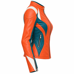 Chaqueta de Motociclista de Cuero Genuino para Mujer, Color Naranja, Verde Azulado y Blanco, Marca Darkry, para Carreras, Motocross y Deportes - Product Image 3