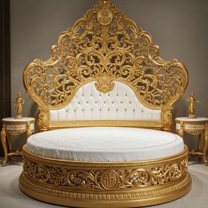 Luxurious Elegant Vintage Maharaja Theme Round <b>Bed</b> for Villas Gold Teak Wood Designer with Side <b>Stools</b> Antique Royal Carved <b>Bed</b> - Product Image 6