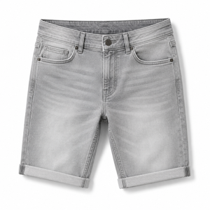 Shorts en jean personnalisés pour hommes, style vintage, coupe droite, délavé clair, avec logo brodé, double épaisseur aux genoux, effet usé, pour l'été - Product Image 6