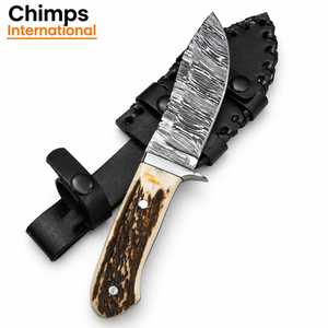 Cuchillo de caza hecho a mano de acero de Damasco, hoja fija con punta de clip y mango de cuerno de ciervo |   Cuchillo Táctico de Supervivencia para Camping OEM OBM EDC - Product Image 4