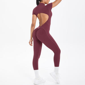 Combinaisons de sport pour femmes à fermeture éclair et jambes échancrées, combinaisons de yoga couleur chair pour la gym, le fitness, l'entraînement, les tenues de sport et le shapewear - Product Image 1