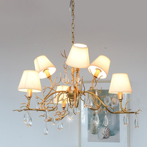 Vintage gold chandelier decorated with ornate clear glass <b>plates</b> and pearl garlands, available at wholesale prices. - Product Image 6