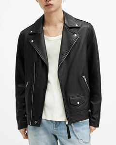 Blouson moto en cuir PU noir pour homme, coupe classique, col rabattable, fermeture éclair, couleur unie, style motard, vêtement d'automne - Product Image 1