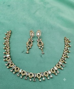 Antique <b>Gold</b> Plated Curved Link Oval Stone Studded AD Jewelry <b>Set</b> With Matching Earrings Sparkling American Diamond Jewelry <b>Sets</b> - Product Image 6