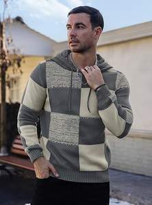Checkerboard Hooded Sweater Color-<b>Block</b> Hoodie <b>Waffle</b>-Knit Textured Pullover Casual Streetwear - Product Image 2