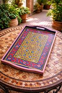 Hand Painted Wooden Serving <b>Tray</b> Set Traditional Decorative Single Tier Dishwasher Safe 4cm Thick for Home Kitchen Tea Coffee - Product Image 2