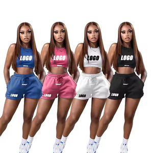 Women Winter Workout 2pcs Solid Embroidered <b>Crop</b> Tank <b>Top</b> Shorts Set Custom Logo Printed Fitness Activewear Gym Short Set - Product Image 1