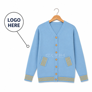 Pull cardigan en tricot décontracté surdimensionné pour femmes, avec logo personnalisé de la sororité Cosh International, bleu clair avec jaune - Product Image 1